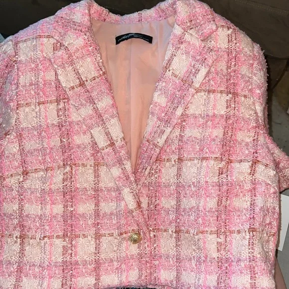 Short sleeve pink and gold tweed cropped blazer - Picture 3 of 4